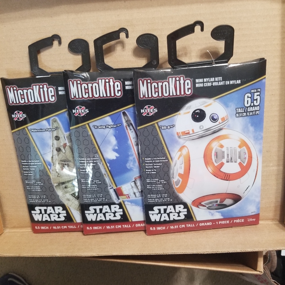 Ser of 3 STAR WARS MicroKite kites, BB-8, X-wing Fighter, Millennium Falcon  NEW